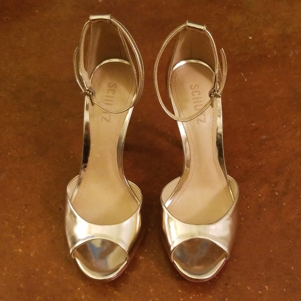 Gold Leather Peep Toe Pumps